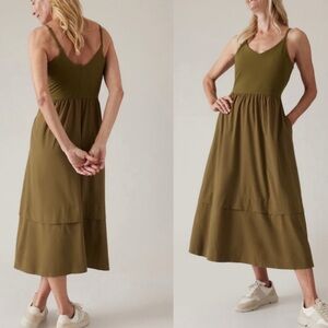 ATHLETA Elation V-Neck Hybrid Midi Dress Olive Green Medium Tall M/T NWT